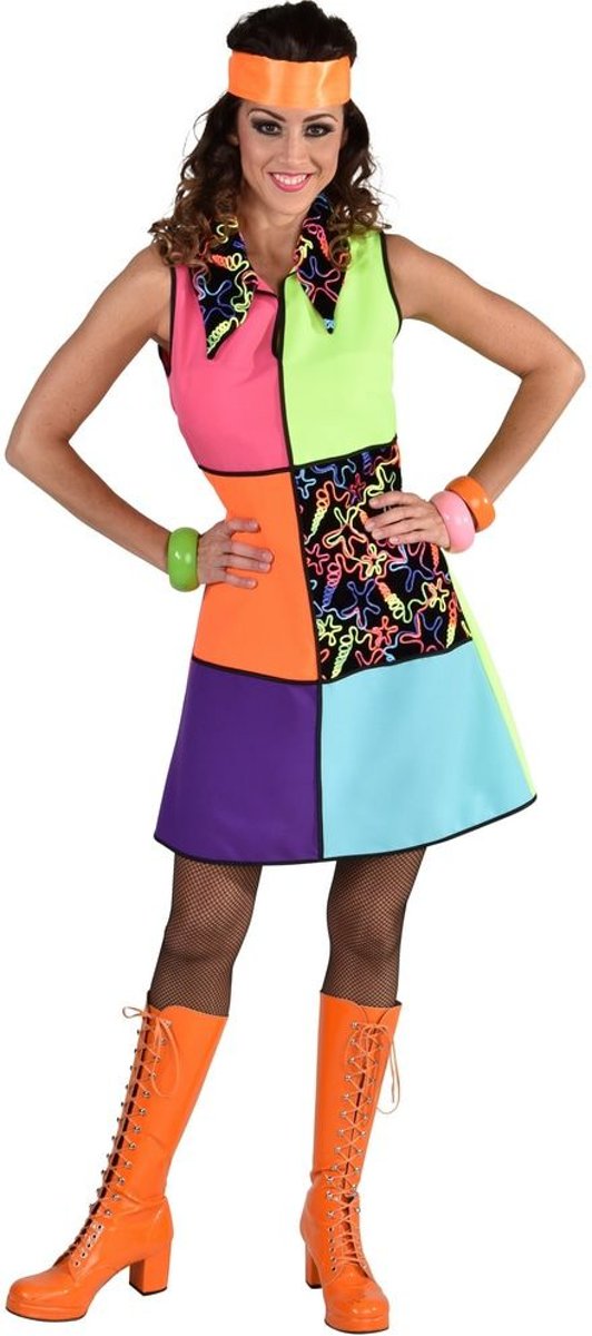 Hippie Kostuum | Grote Kleurige Vlakken Jaren 80 Neon Swirls | Vrouw | Small | Carnaval kostuum | Verkleedkleding